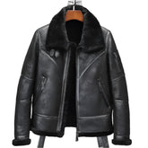 Schwarze Bomberjacke aus Leder im Vintage-Stil für Unisex mit Lammfellkragen